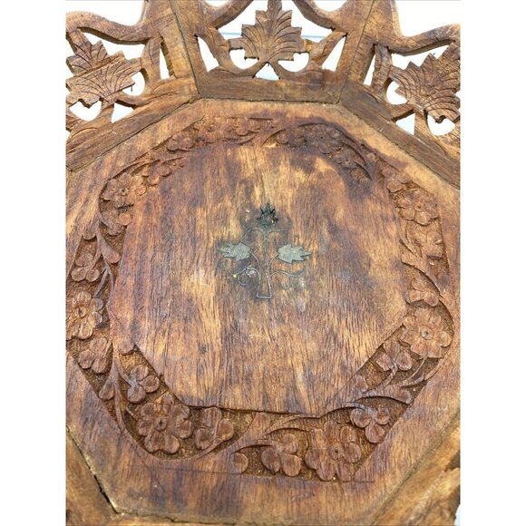 Vintage Octagonal Wood Serving 10.5" Tray Floral Center Hand Carved Artisan Boho - Picture 2 of 16